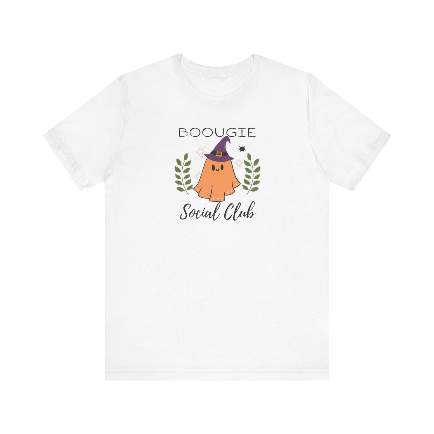 Cute Boougie ghost Halloween t-shirt Ghost witches hat social club short sleeve t-shirt Ghost t-shirt sparkly orange purple and green design