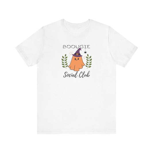 Cute Boougie ghost Halloween t-shirt Ghost witches hat social club short sleeve t-shirt Ghost t-shirt sparkly orange purple and green design